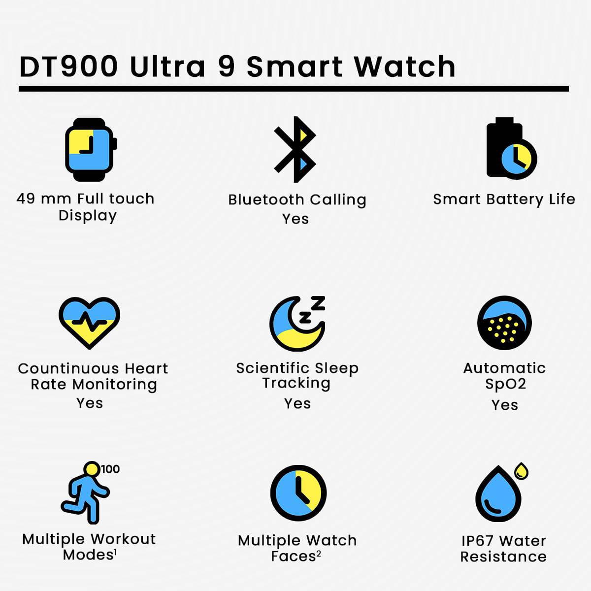 DT900 Ultra 9 Smart Watch -7 in 1 Straps- 49MM Dial - Full Touch Display - 7 Different Strap (Touch Watch)